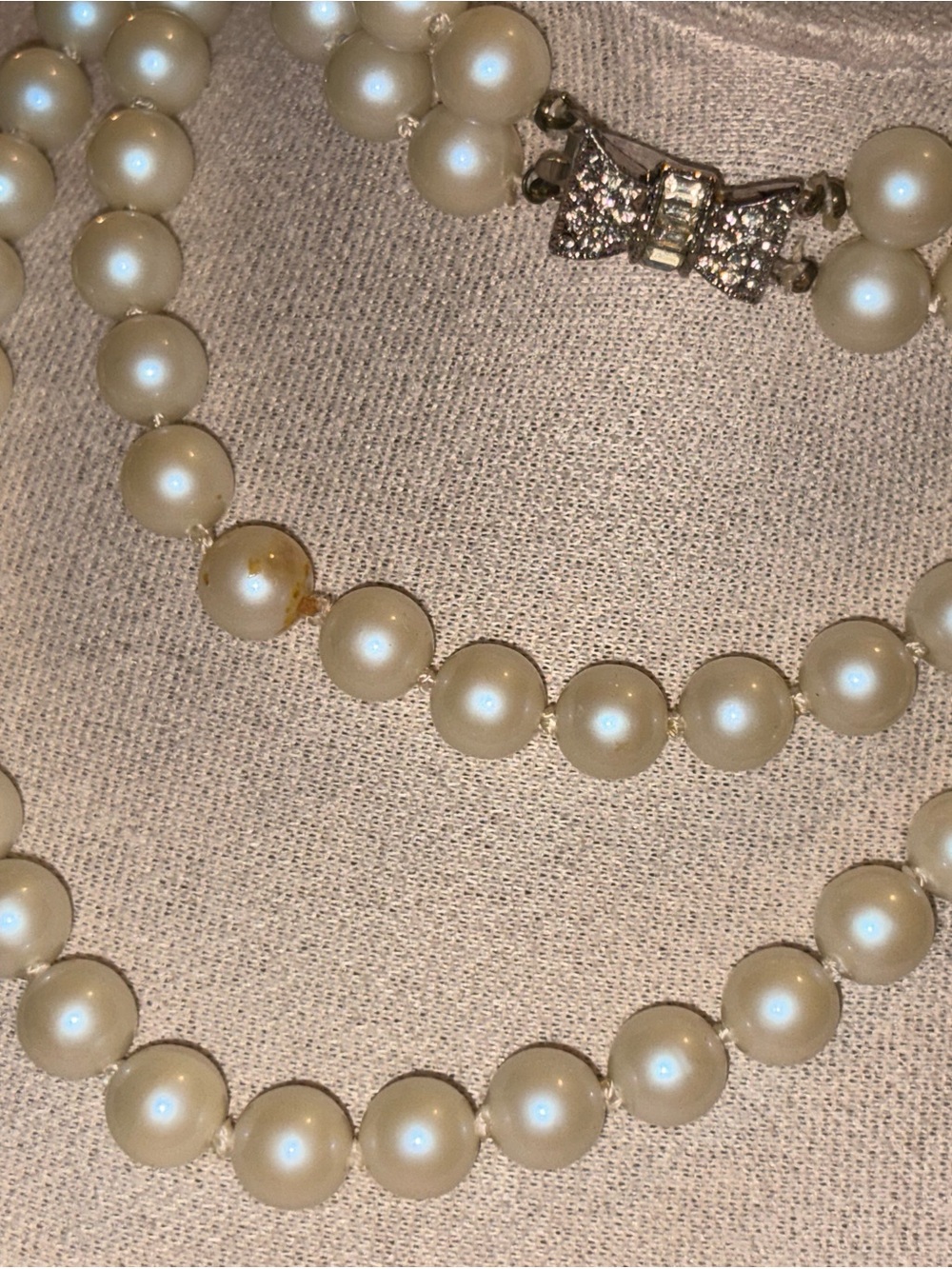 Vintage Double Strand Faux Pearl Necklace Rhinestone Bow Box Clasp